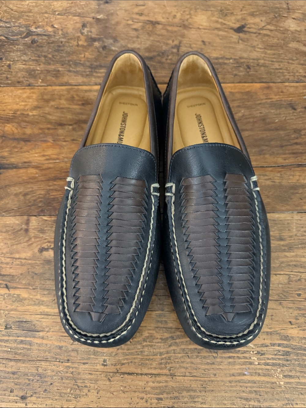 Johnston & Murphy Black Brown Sheepskin Leather Woven Driving Mocs Size 9